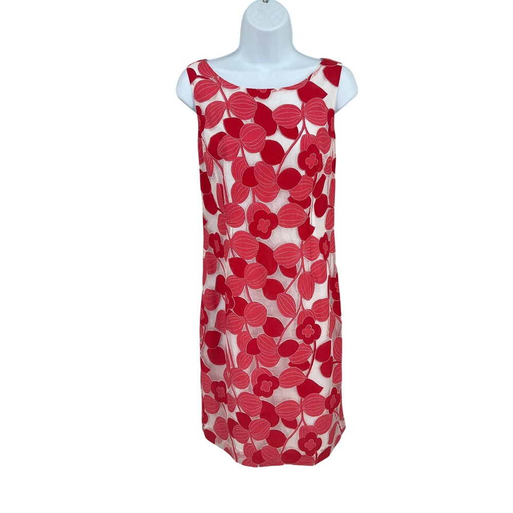 Talbots Sheath Dress Womens 2 Red White Cotton Floral Lace Mesh Bow‎ Back Preppy